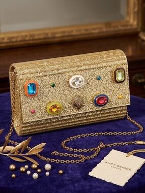 Kurt Geiger Gold Glitter Jeweled Chain Clutch